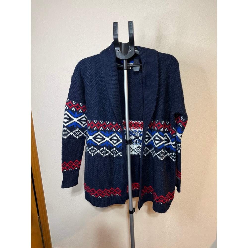 Merona Womens Navy Blue Fair Isle Shawl Collar Open Front Sweater Size M